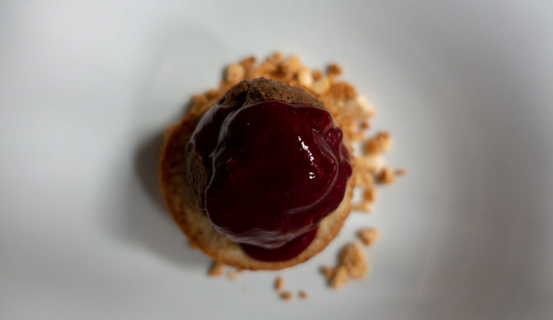 dessert with raspberry sauce, chocolate parfait and hazelnut cake