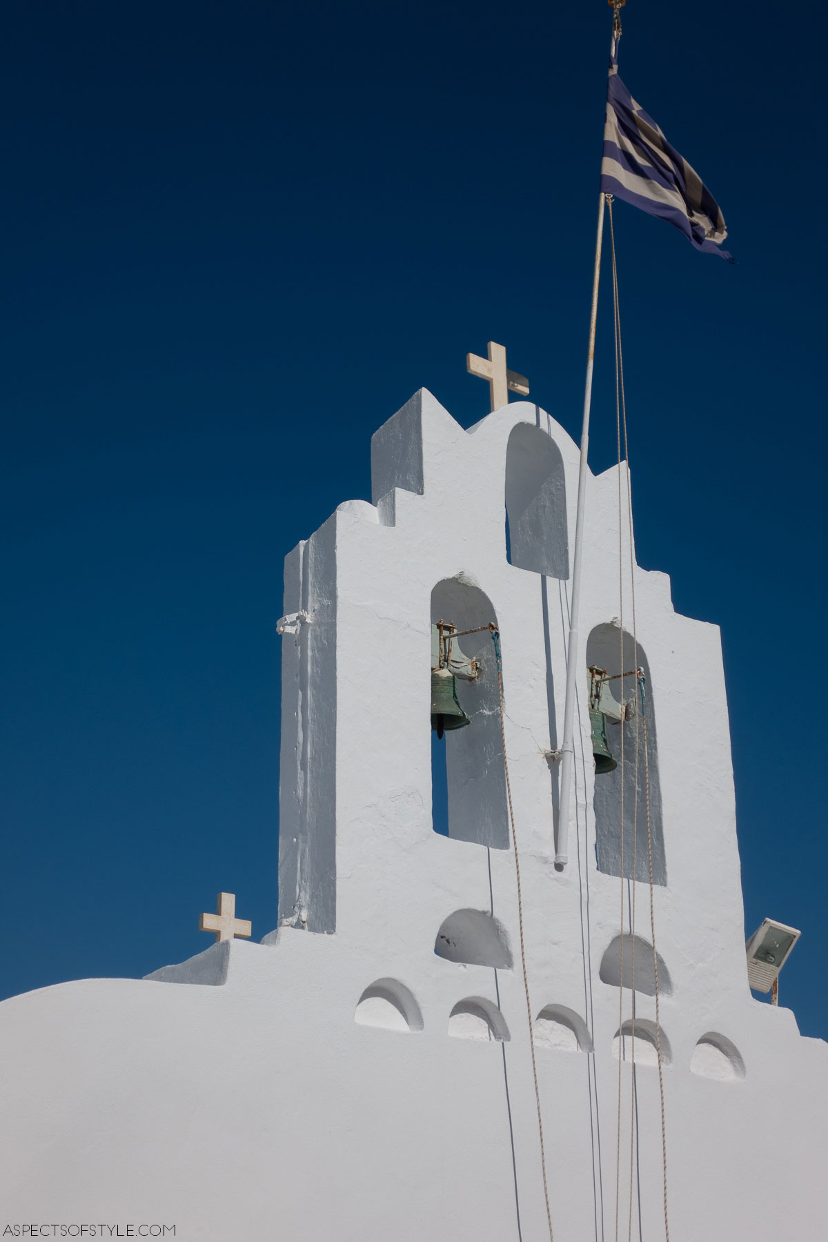 white bell tower and the Greek flag, Vathy, Sifnos