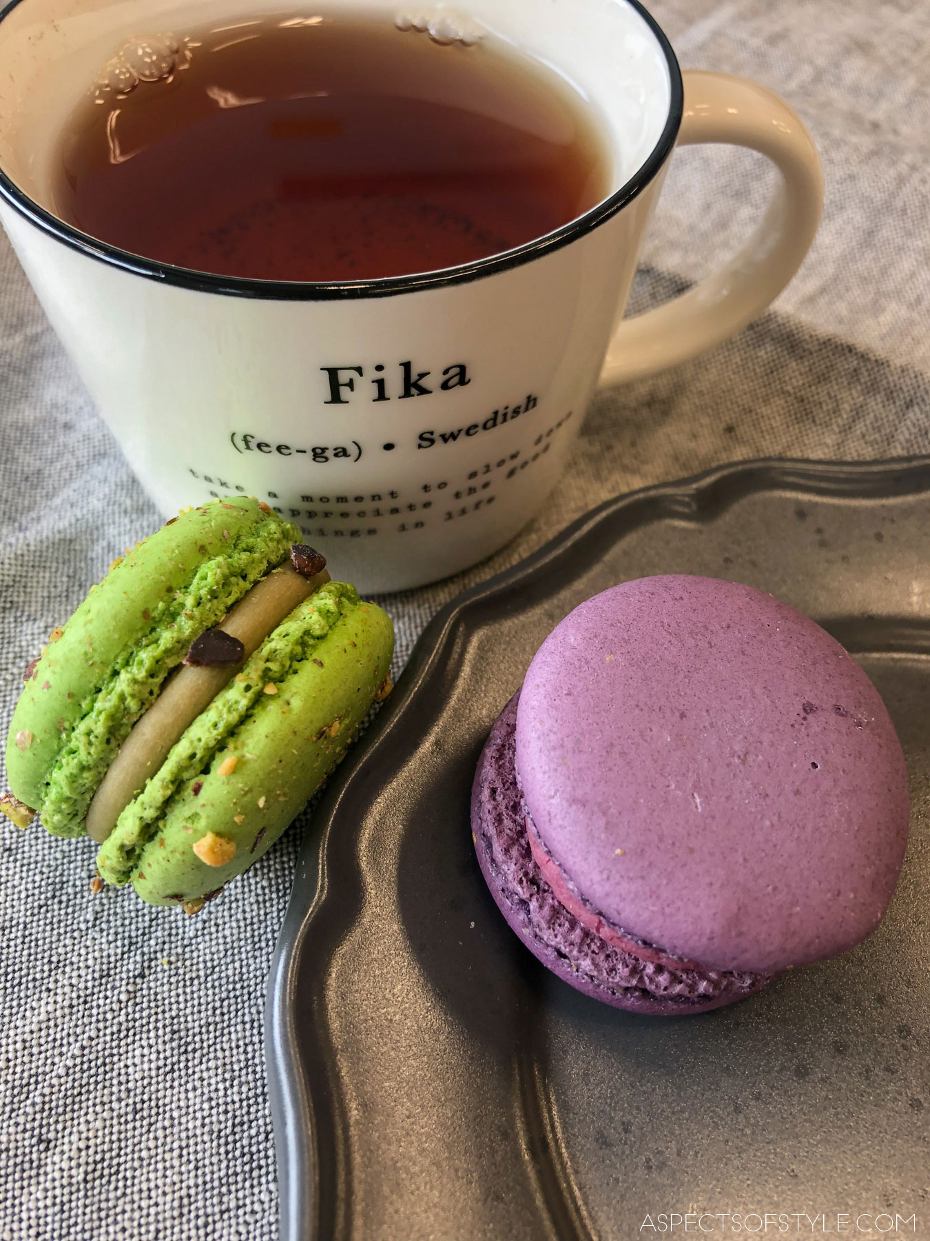 two macarons and a cup of tea from Melt
