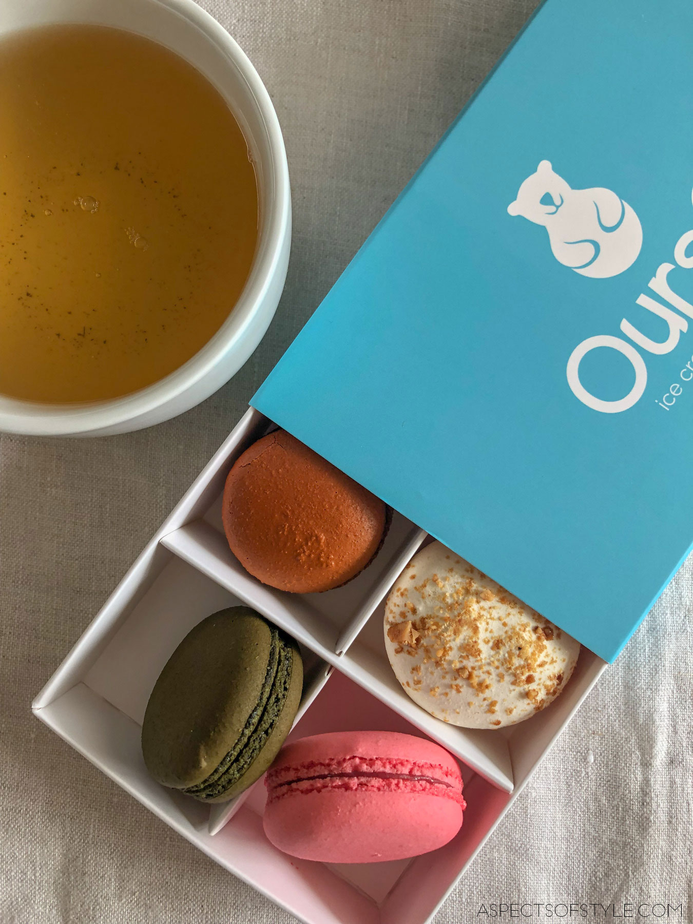 four macarons and a cup of tea from Purse patisserie