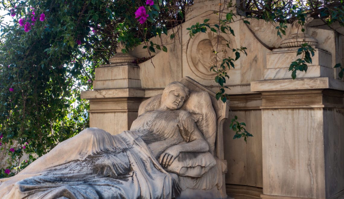 marble memorial depicting a sleeping woman in Stamboltzi tomb, Athens First Cemetery