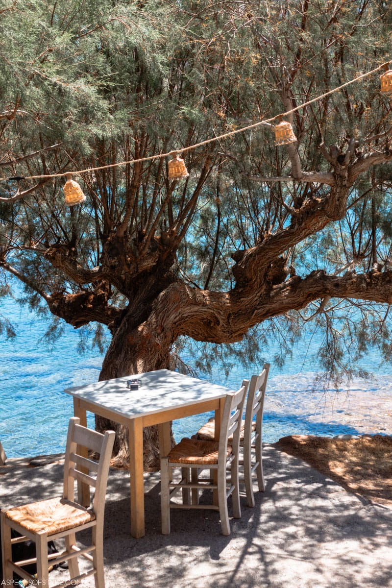 table and chairs by the seat Hiona taverna, Lasithi, Crete